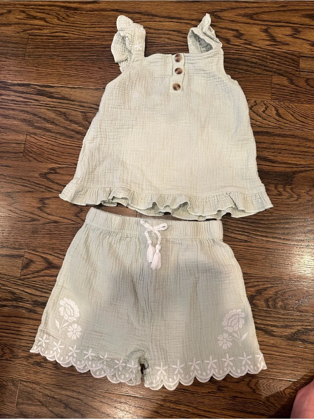 Light Sage Ruffle Tank & Embroidered Shorts Set